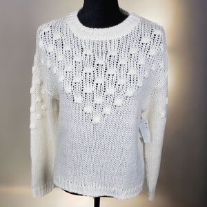 Crochet Knit Sweater with Pom Pom Details Textured Ivory Off White Crew Neck